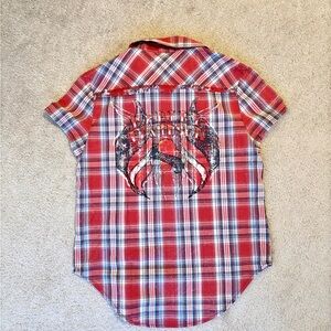 NWT Women’s Red Plaid Harley Shoulder Studded Short Sleeve Button Up Top